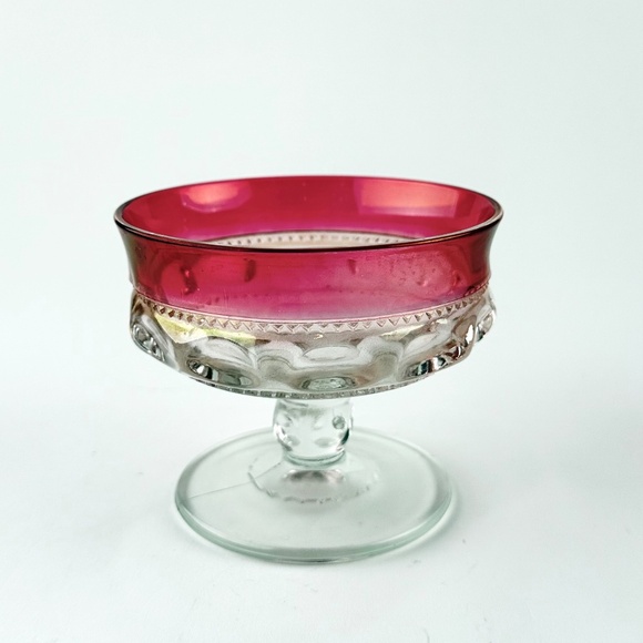 Vintage set of 6 Tiffin Kings Crown Thumbprint Coupe Glass, Cranberry Trim - Picture 1 of 5